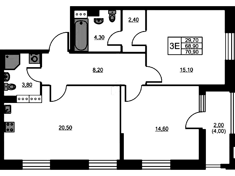2-комнатная квартира 70.9 м², 9/13 эт., ЖК «Тайм Сквер»